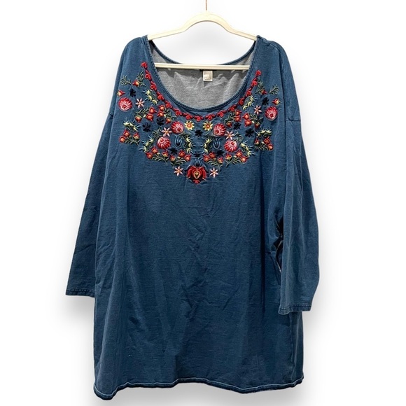VENUS | Fully Embroidered Bib Stretch Denim Tunic Mini Dress | Plus Size 2X - Picture 1 of 10